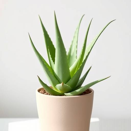Aloe vera em um vaso simples, com folhas grossas e verdes.