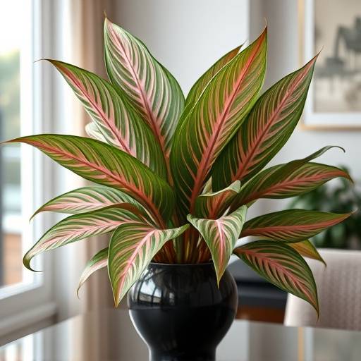 Calathea ornata com folhas listradas em rosa e verde em um vaso moderno.