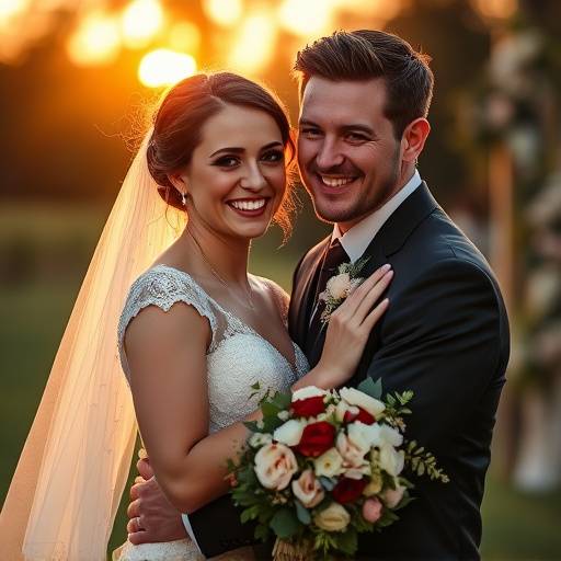 Casal sorrindo e se abra√§ando no dia do casamento