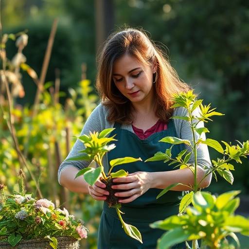 Foto de Fernanda Alves, Chefe de Jardinagem da Verde Vívido, cuidando de uma planta em um jardim.