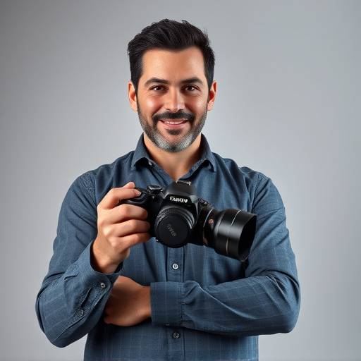 Foto de Ricardo Silva, co-fundador do Est√ºdio Luz & Cor, posando com uma c√¢mera.
