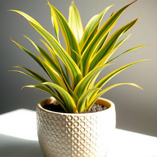 Pau d'água (Dracaena fragrans) em um vaso de cerâmica, com listras amarelas nas folhas verdes.