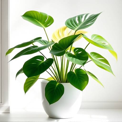 Uma exuberante Monstera Deliciosa em um vaso de cerâmica branca.