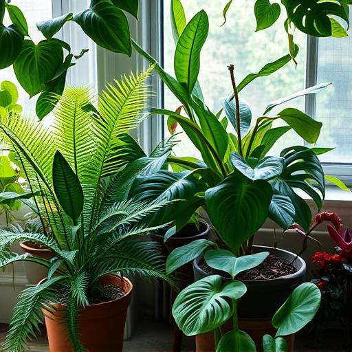 Variedade de plantas de interior, incluindo samambaias e antürios, dispostas em um ambiente aconchegante.